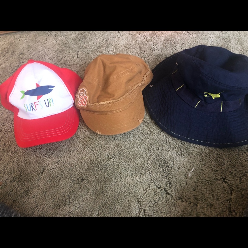 Toddler/young kid Hat Bundle.  Shark bucket hat, football hat and surfs up hat